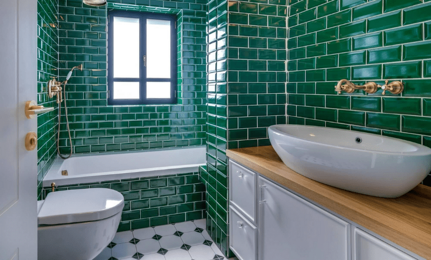 зеленая плитка в ванной